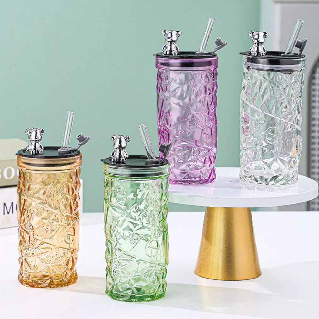 Tumbler Botol Minum Kaca Motif Kristal Aesthetic Tutup Beruang Sedotan — 6