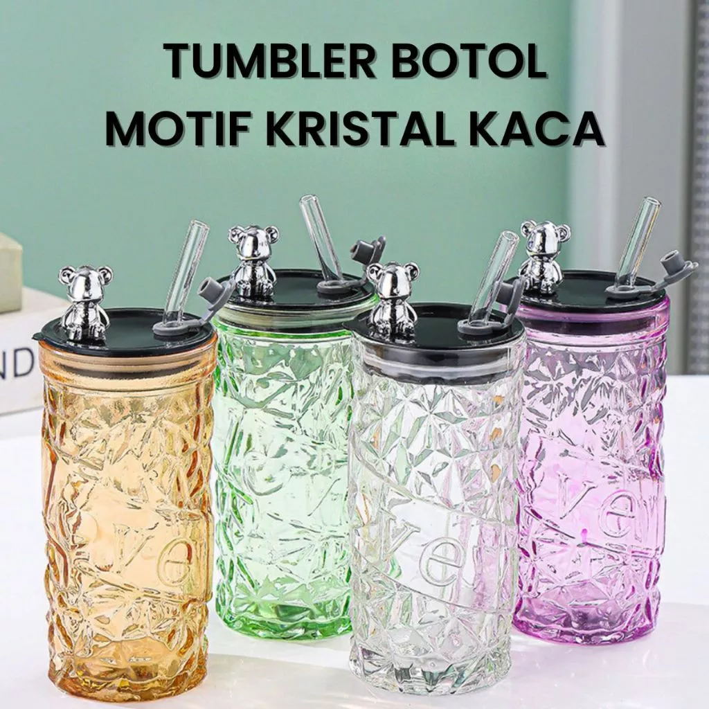 Tumbler Botol Minum Kaca Motif Kristal Aesthetic Tutup Beruang Sedotan — 4