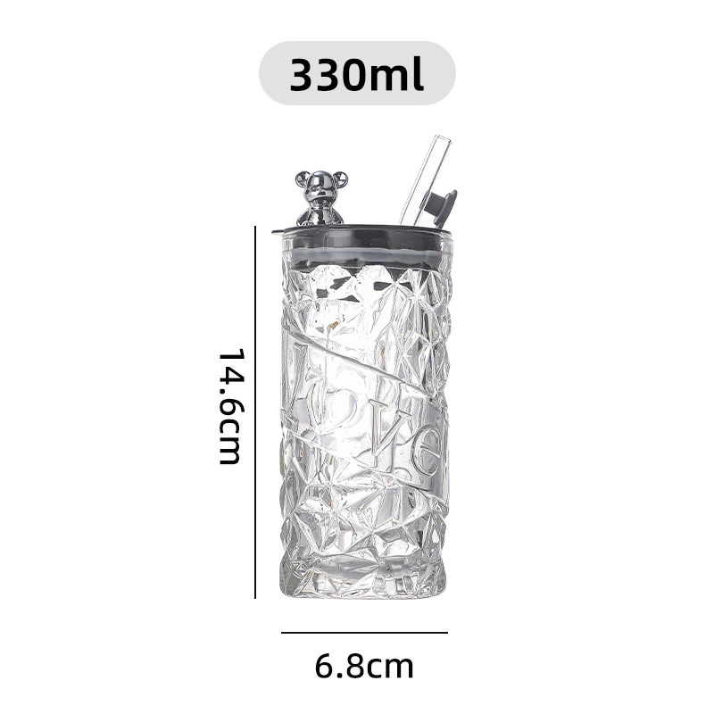 Tumbler Botol Minum Kaca Motif Kristal Aesthetic Tutup Beruang Sedotan