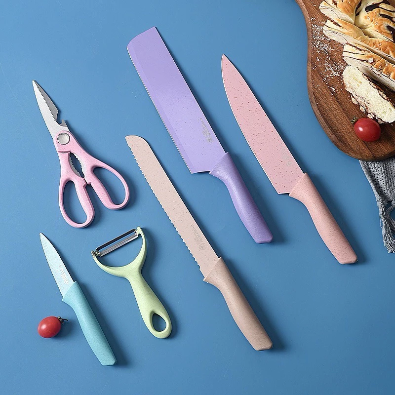 Pisau Dapur Set Warna Kitchen Knife Macaron Gunting Peeler 6in1 — 7