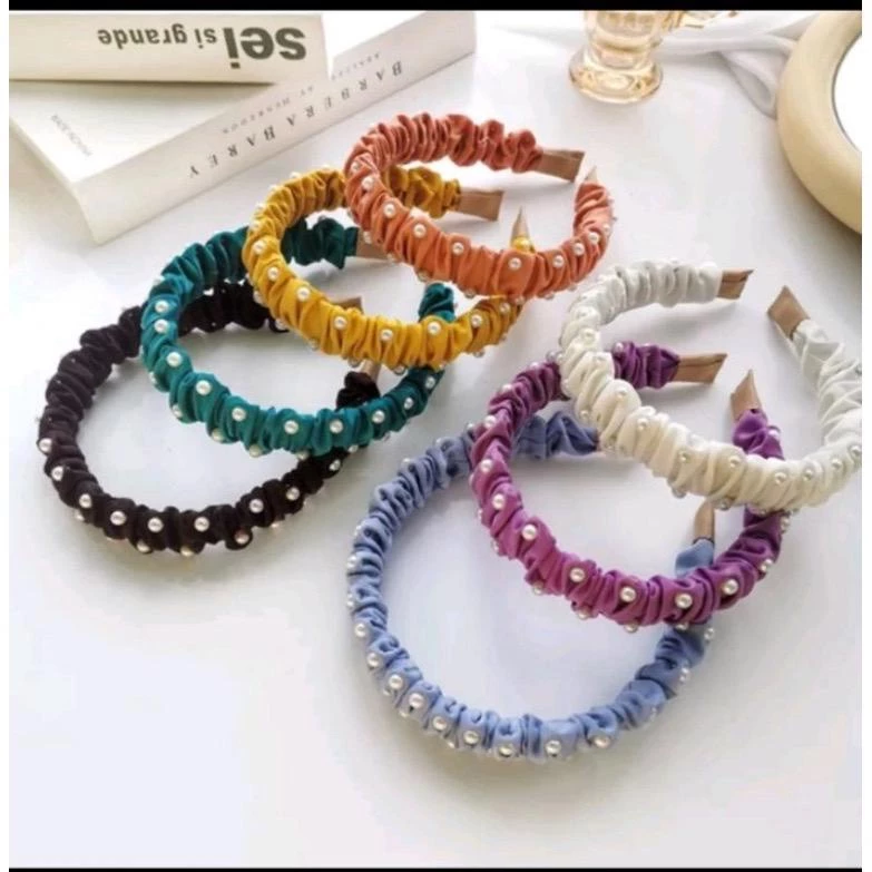 Bando Headband Wanita Mutiara Kerut Satin Pearl Fashion Korean Style — 4