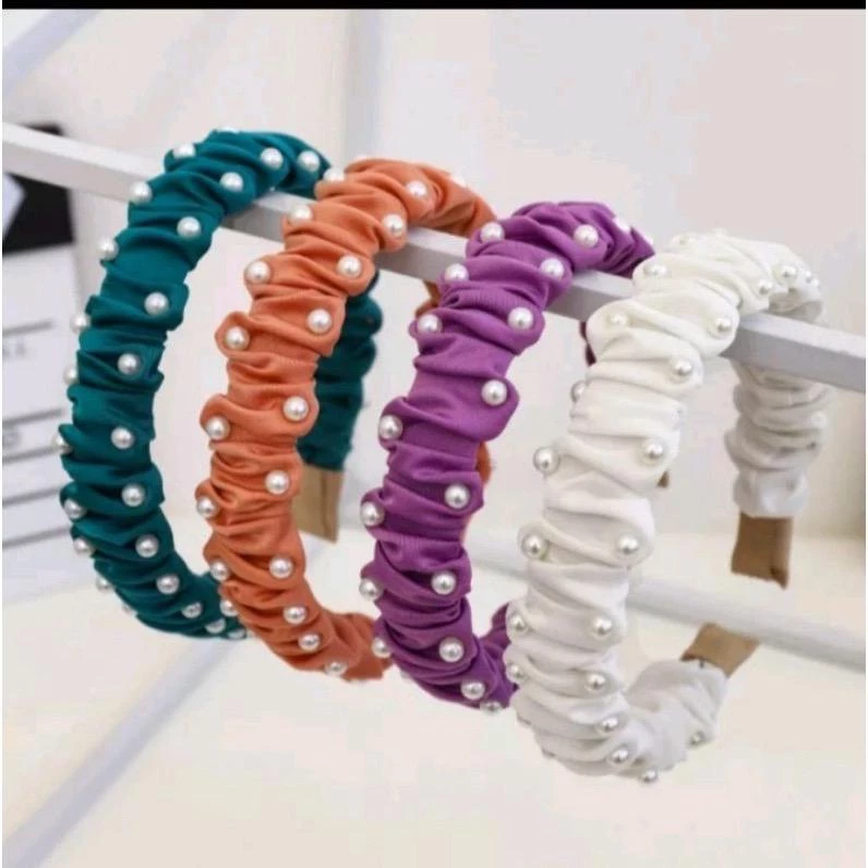 Bando Headband Wanita Mutiara Kerut Satin Pearl Fashion Korean Style — 6