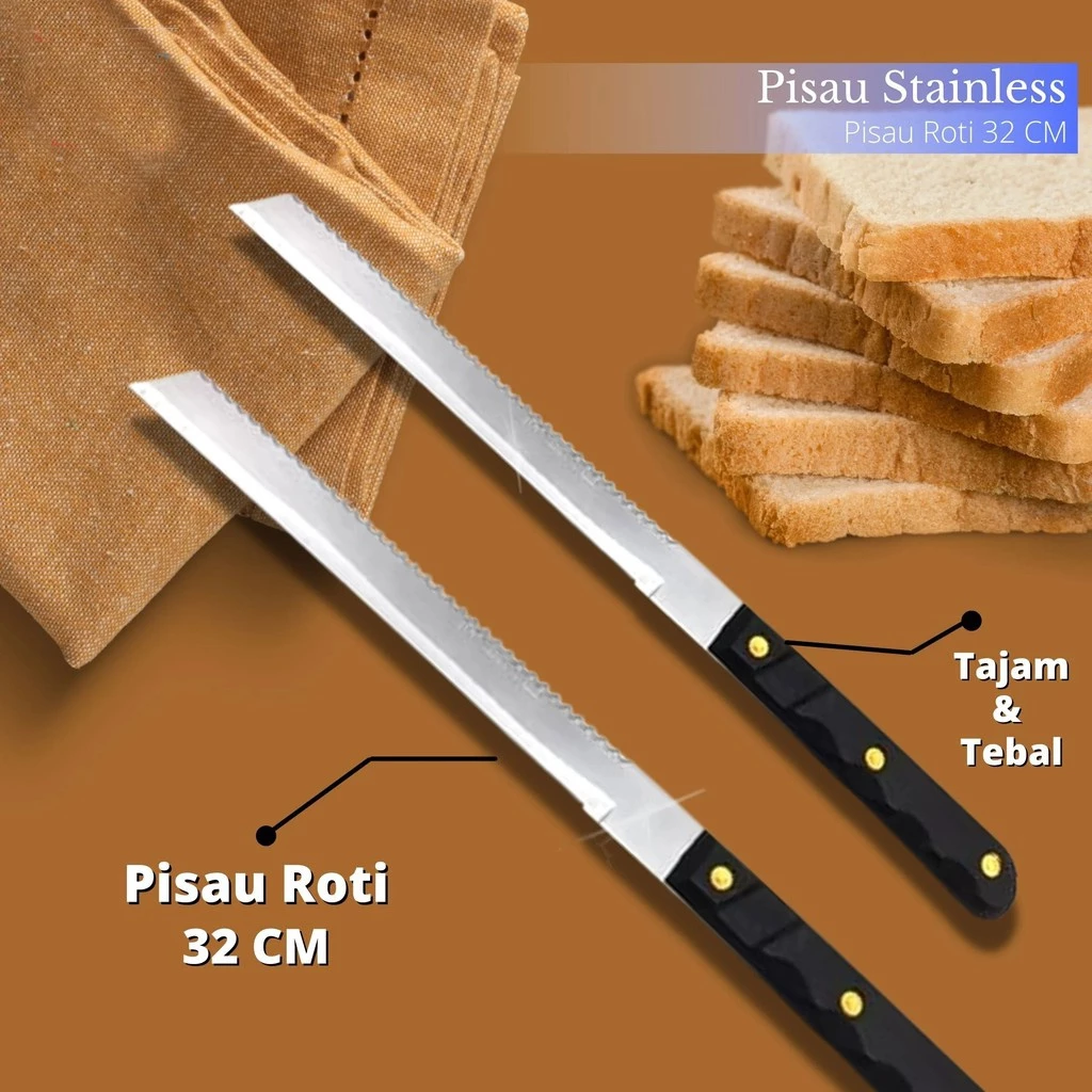 Pisau Roti Panjang 2 Sisi Bread Knife Stainless Steel Alat Potong Bolu — 3