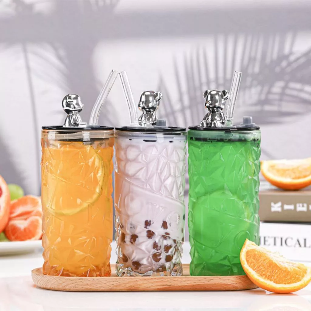 Tumbler Botol Minum Kaca Motif Kristal Aesthetic Tutup Beruang Sedotan — 10
