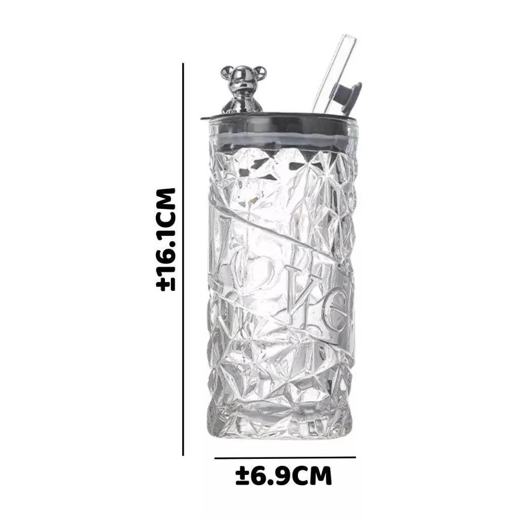 Tumbler Botol Minum Kaca Motif Kristal Aesthetic Tutup Beruang Sedotan — 8