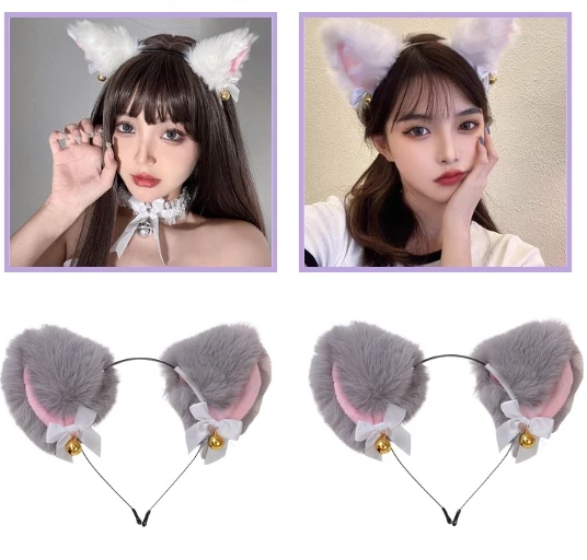 Bando Cosplay Bulu Bentuk Telinga Kucing Lonceng Pita Lucu Aesthetic — 8