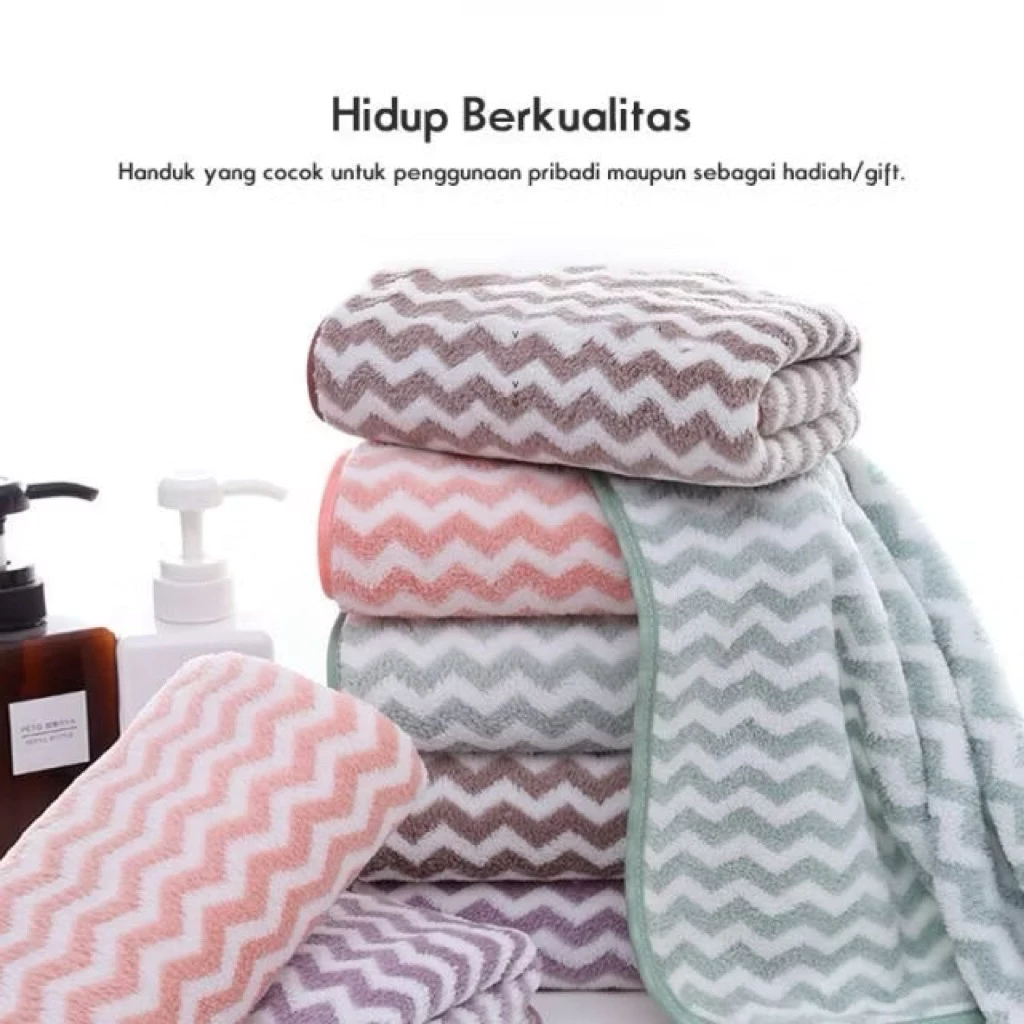 Handuk Mandi Dewasa Bayi Strip Salur Bulu Lembut Tali Gantung — 7