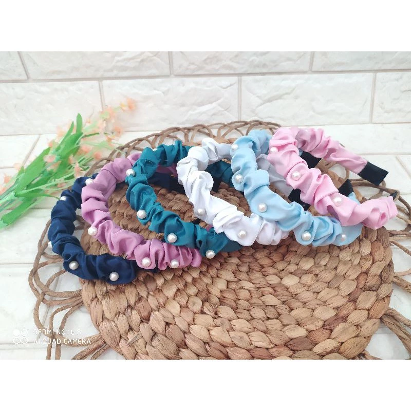 Bando Headband Wanita Mutiara Kerut Satin Pearl Fashion Korean Style — 5