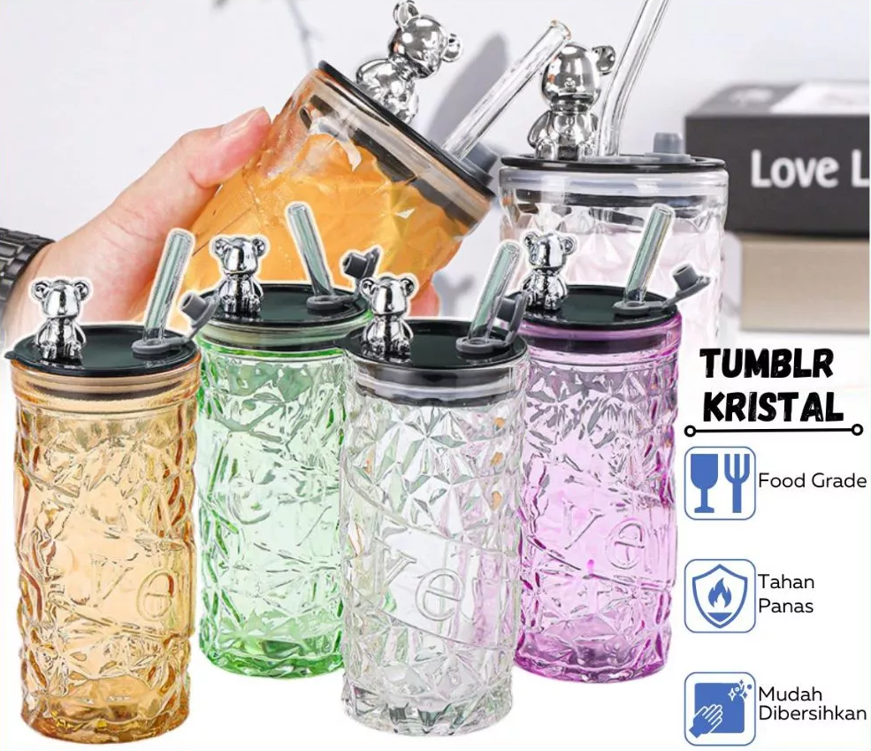 Tumbler Botol Minum Kaca Motif Kristal Aesthetic Tutup Beruang Sedotan — 9
