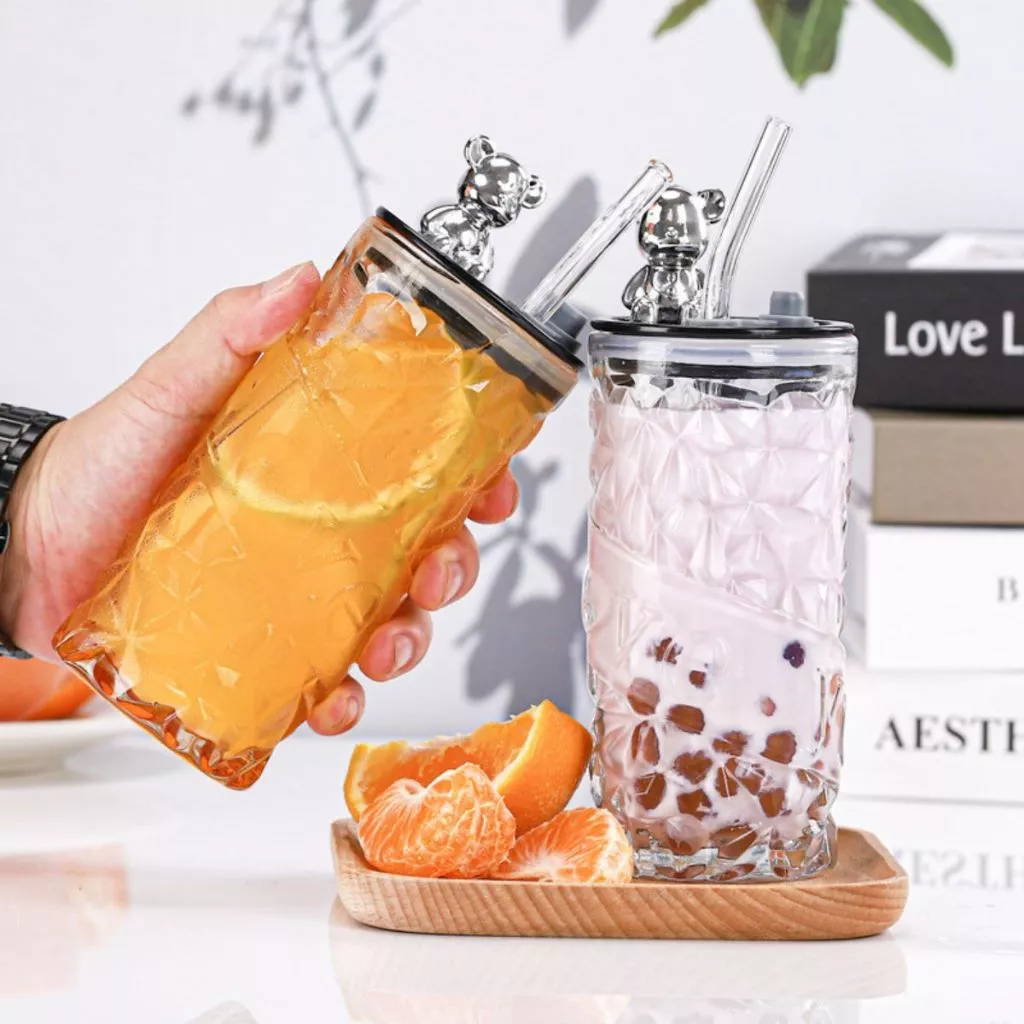 Tumbler Botol Minum Kaca Motif Kristal Aesthetic Tutup Beruang Sedotan — 7