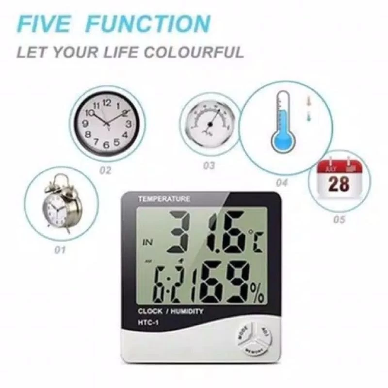 Hygrometer Termometer Indoor Digital Jam Pantau Suhu Kelembaban Waktu — 2