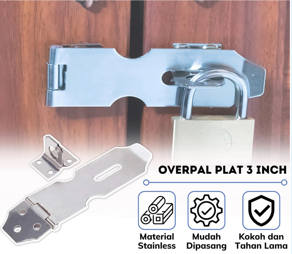 Overpal Plat 3 Inch Grendel Kunci Gembok Pintu Keamanan Stainless Steel — 2