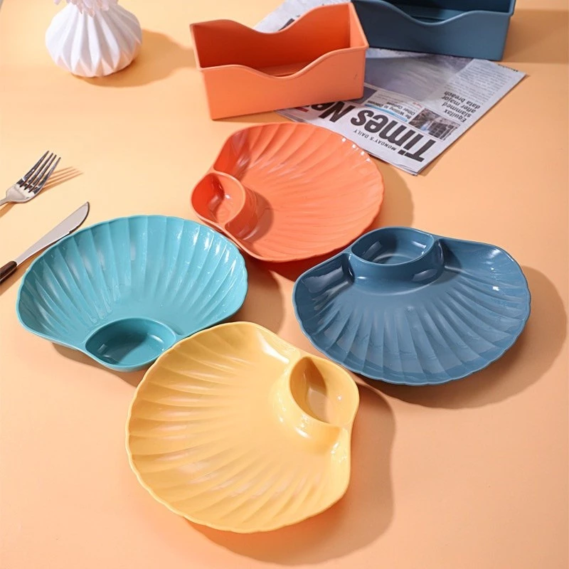 Piring Plastik Model Kerang 2in1 Sekat Pemisah Saos Wadah Snack — 5