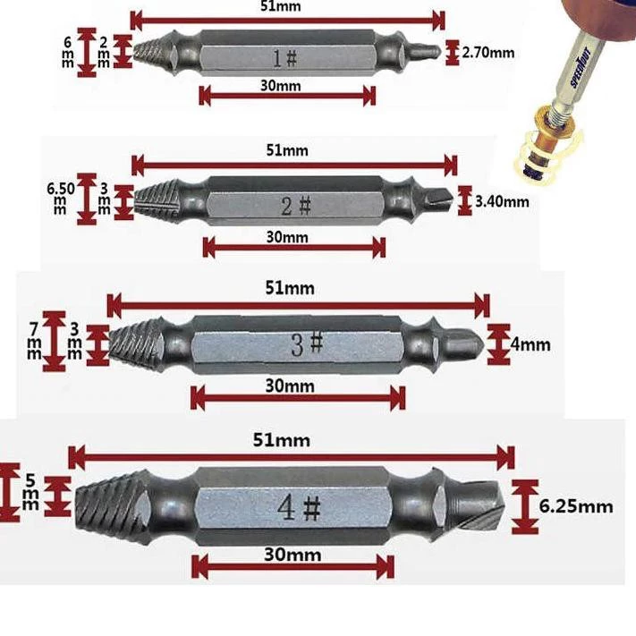 Screw Extractor Alat Pembuka Baut Rusak Set 4 Mata Bor Repair Kit — 4